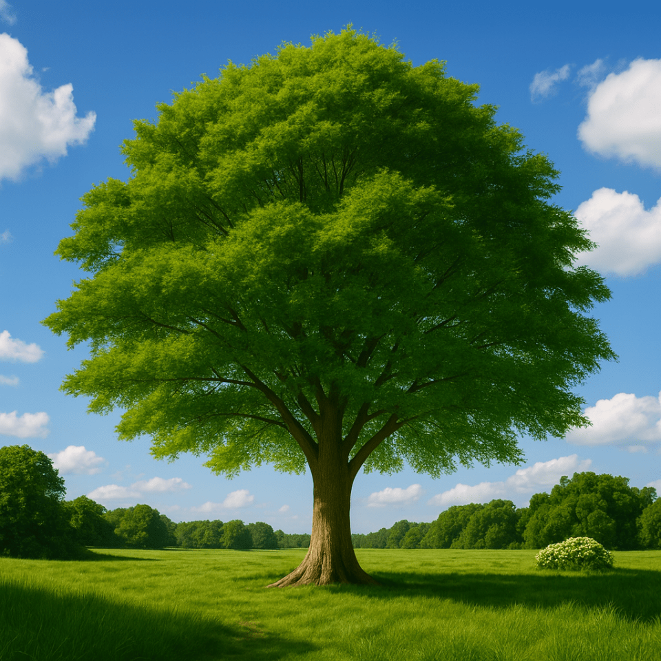 Ein grüner Baum bei schönem Wetter. Er soll die Kraft der positiven Emotionen symbolisieren.